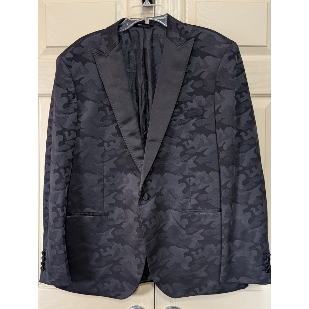 Egara Mens 46R Slim Fit Tuxedo Jacket Black Camo Jacquard Peak Lapel Blazer